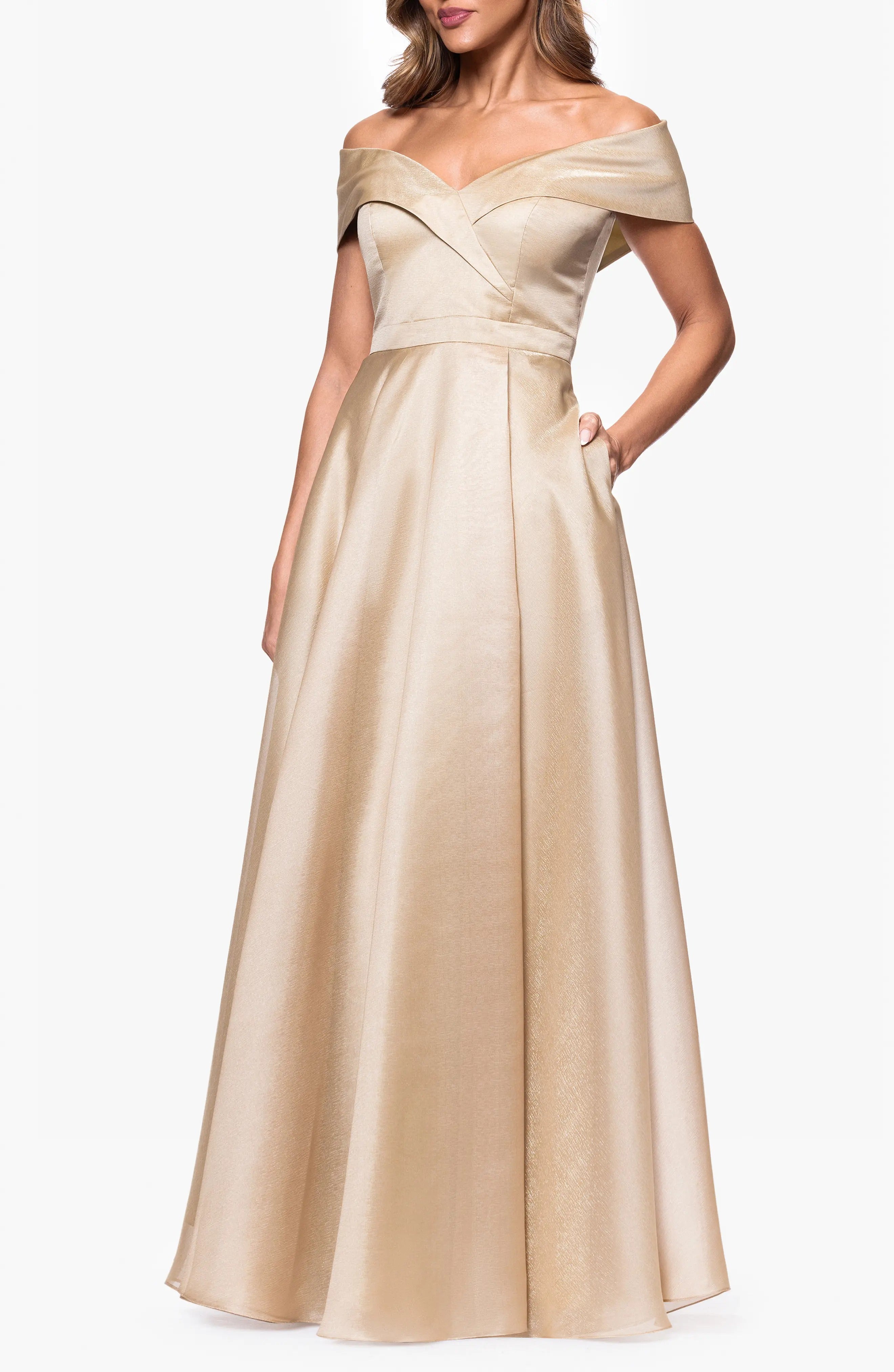 Weitese Dress A-line Champagne Satin Off Shoulder Maxi Dress with V Neckline and Flared Dress Prom Dress